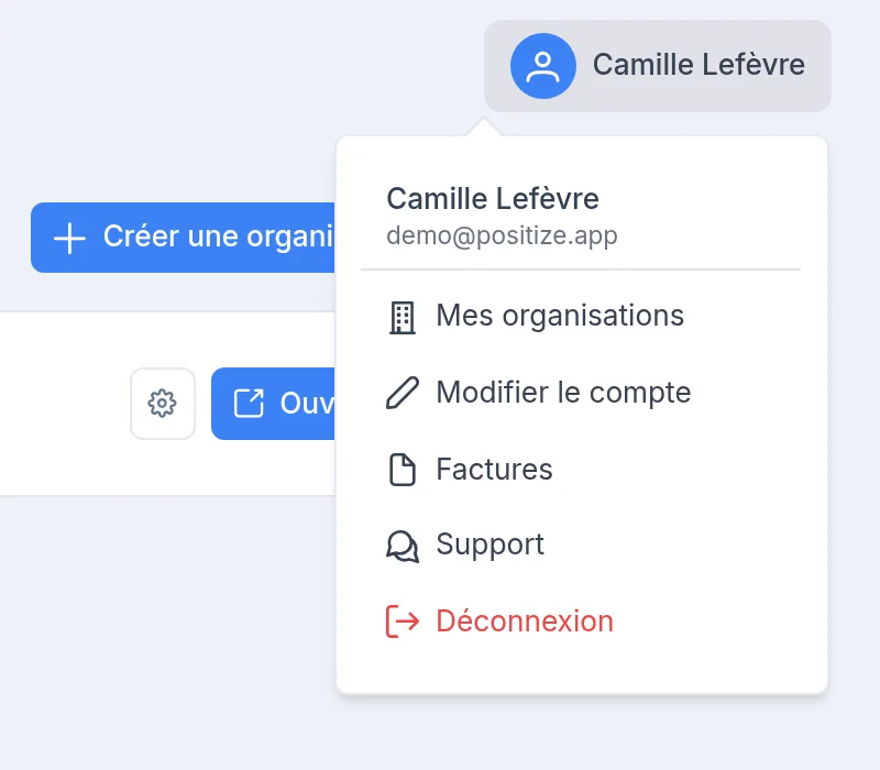 Menu du compte