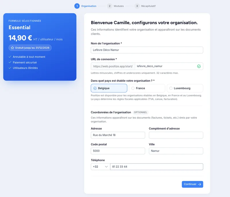 Organisation : nom, URL de connexion, pays et adresse