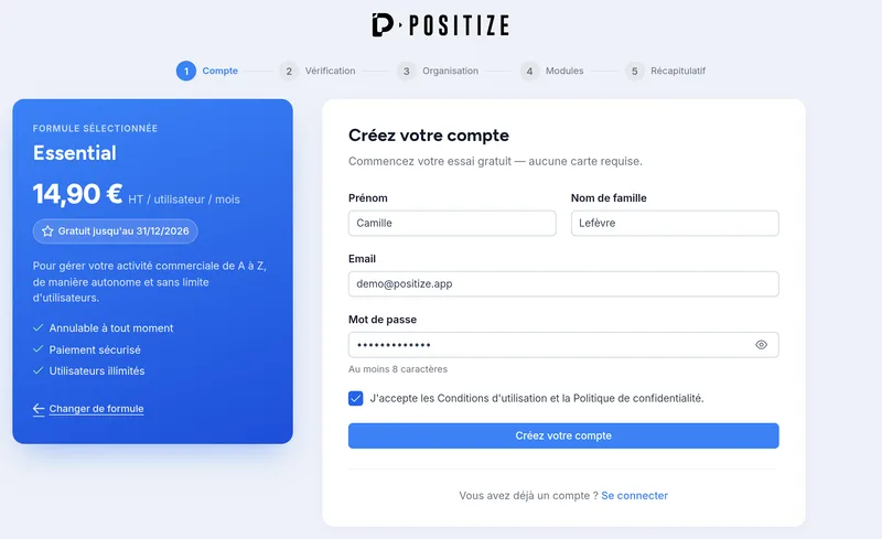 Création du compte, formule Essential sélectionnée