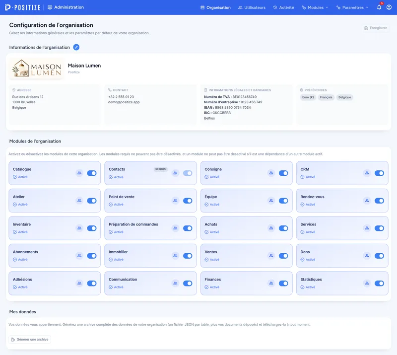 Configuration de l'organisation : informations, modules et export des données