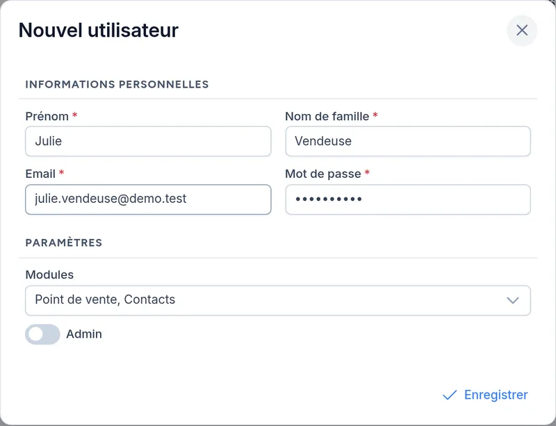 Création d'un utilisateur avec accès au point de vente et aux contacts