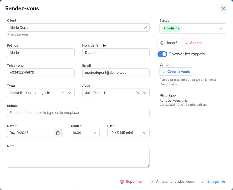 Un rendez-vous : client, type, personne, horaire, statut et vente
