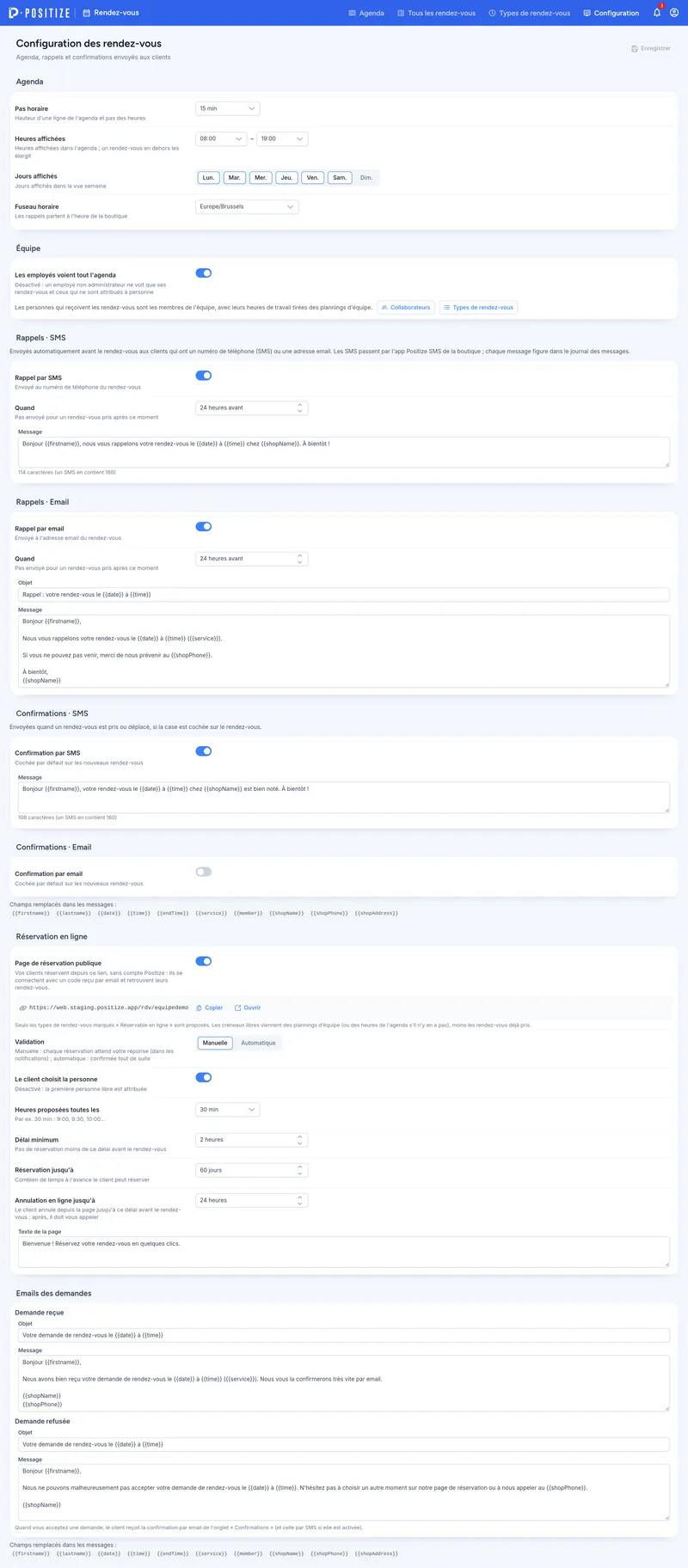 Les réglages de l'agenda et de l'équipe