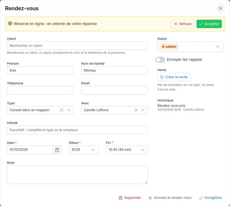Une réservation en ligne en attente de réponse