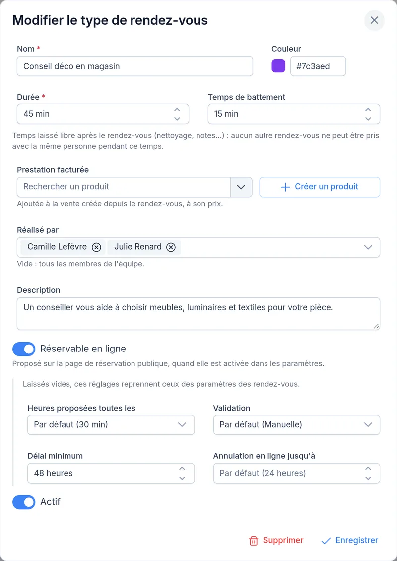 Un type de rendez-vous : durée, temps de battement, prestation et réservation en ligne