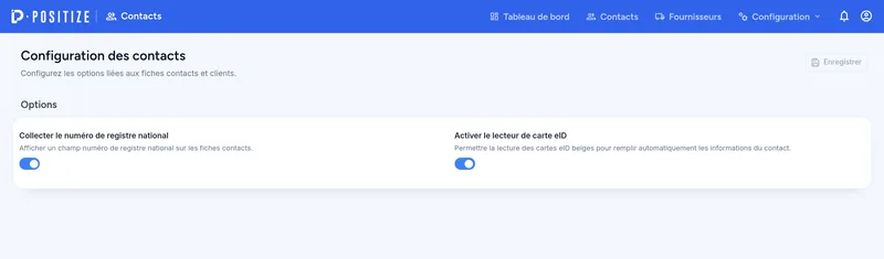 Configuration des contacts : registre national et lecteur eID