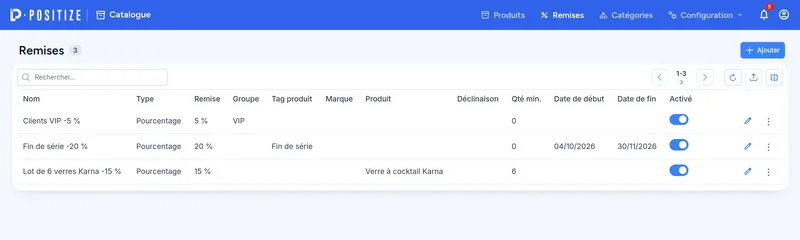 Liste des remises : par groupe de clients, par tag et par quantité
