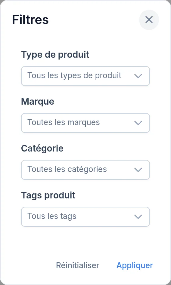 Filtres de la liste des produits