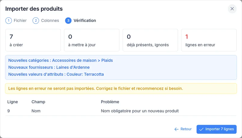 Import de produits : vérification avant l'import