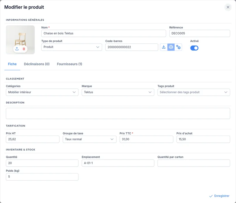 Fiche d'un produit : image, classement, tarification et inventaire