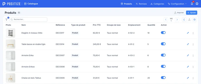 Liste des produits avec leur type, leur prix, leur groupe de taxe et leur emplacement