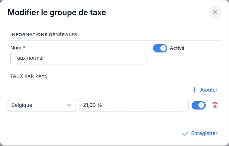 Groupe de taxe avec son taux par pays