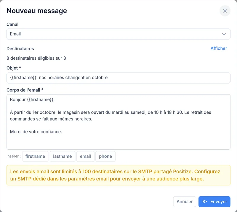 Nouveau message par email : destinataires éligibles, objet, corps et variables