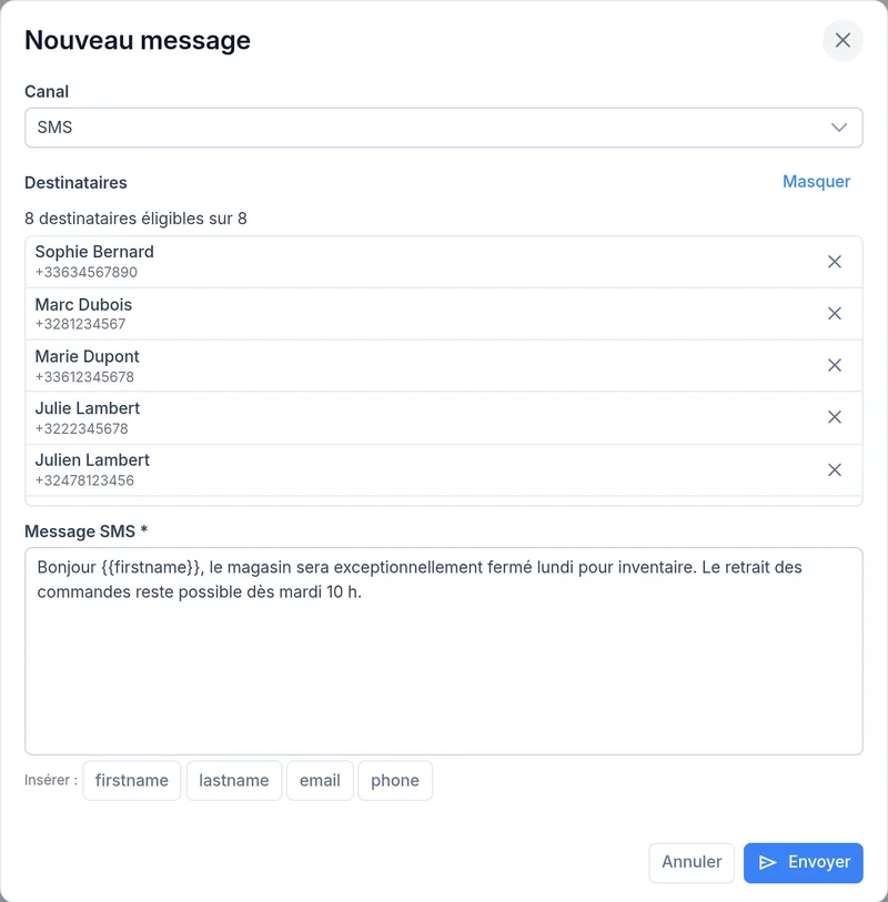 Nouveau message par SMS avec la liste des destinataires affichée