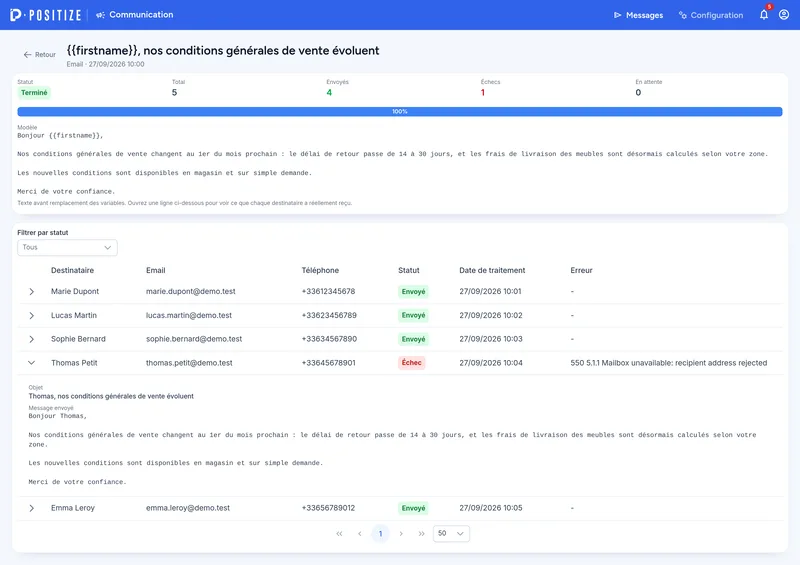 Détail d'un envoi : un destinataire en échec, et le message reçu par un client
