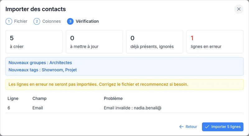 Import de contacts : vérification avant l'import