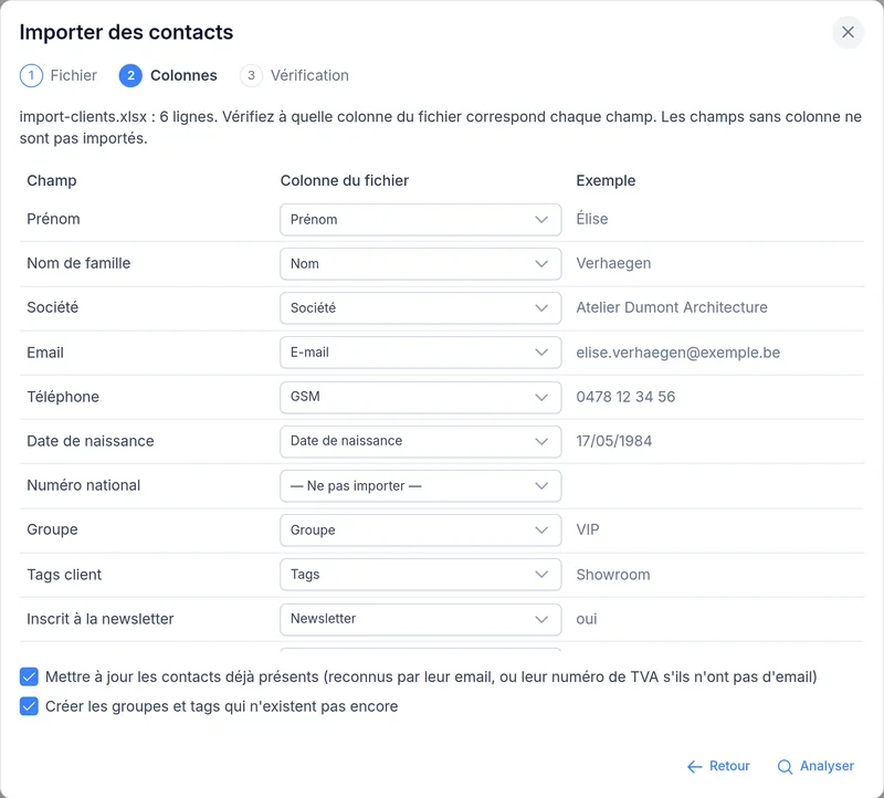 Import de contacts : association des colonnes du fichier