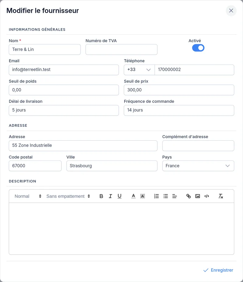 Fiche d'un fournisseur avec ses conditions d'achat