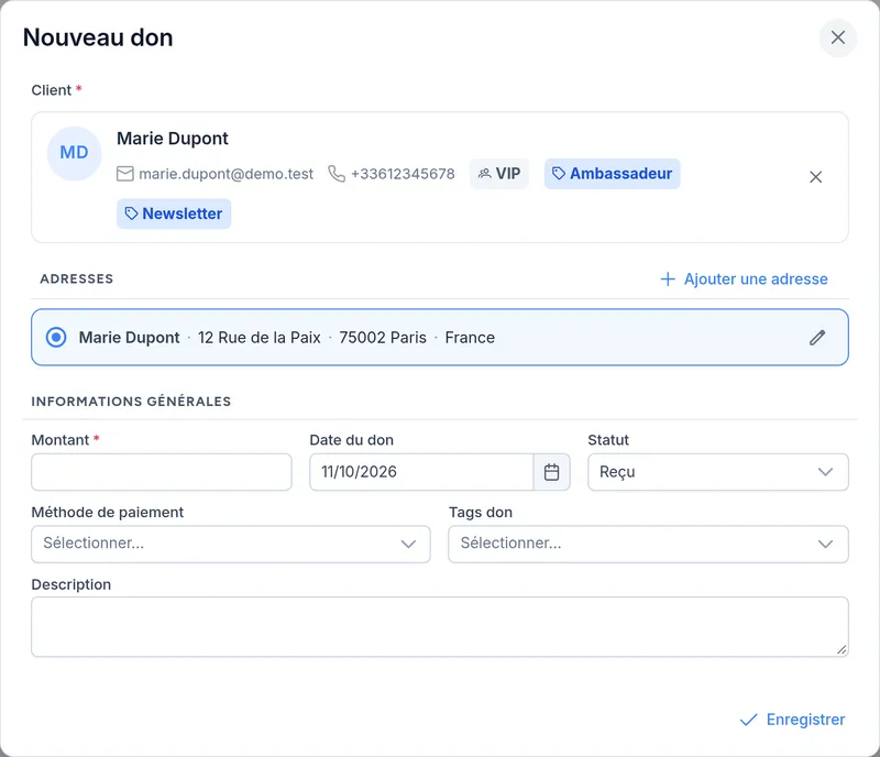 Enregistrement d'un don