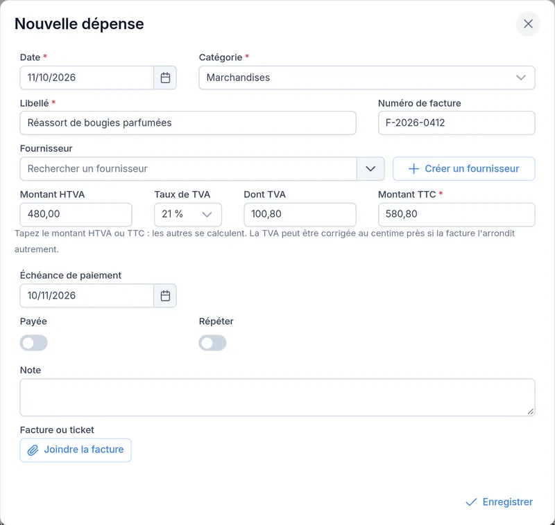 Nouvelle dépense : date, catégorie, libellé, numéro de facture, montants calculés et échéance de paiement