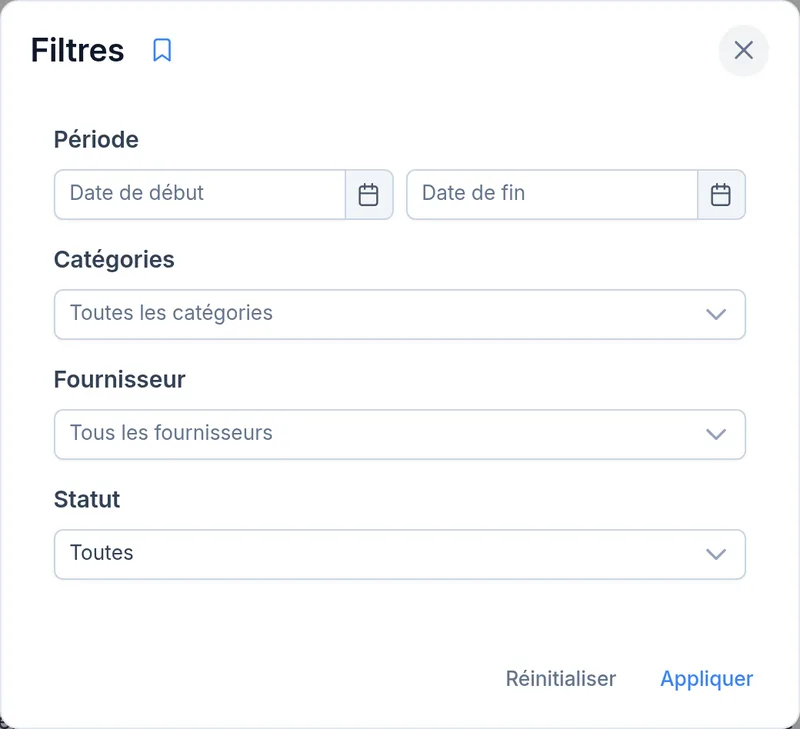 Filtres de la liste des dépenses : période, catégories, fournisseur et statut