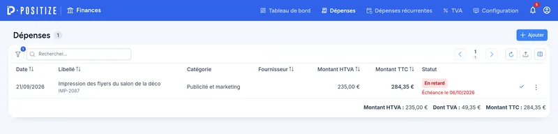 Liste filtrée sur les dépenses en retard
