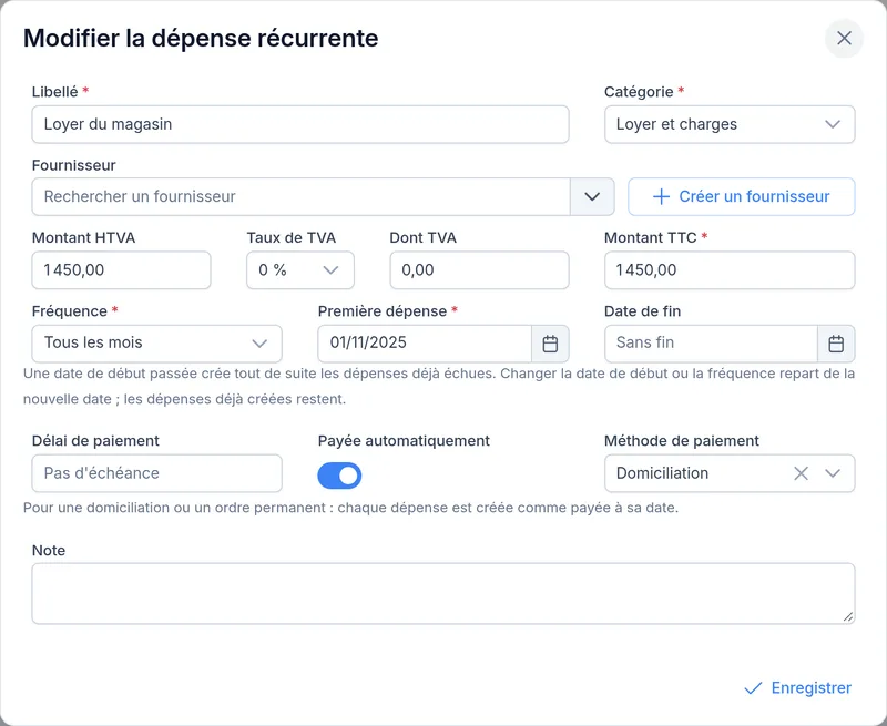 Modification d'une dépense récurrente : le loyer, payé par domiciliation