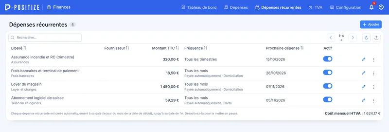 Dépenses récurrentes : fréquence, prochaine dépense, paiement automatique et coût mensuel