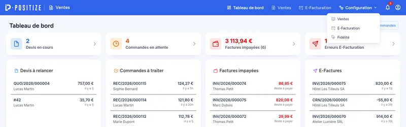 Menu du module Ventes, sous-menu Configuration ouvert