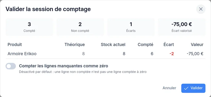 Récapitulatif avant validation d'une session de comptage
