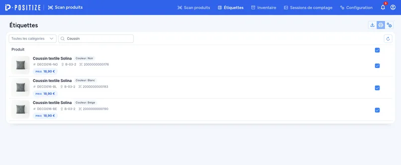 Écran Étiquettes après une recherche