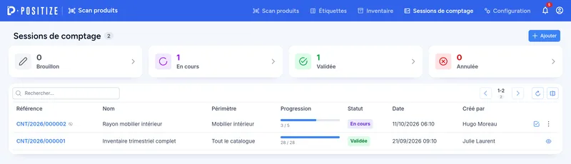 Liste des sessions de comptage