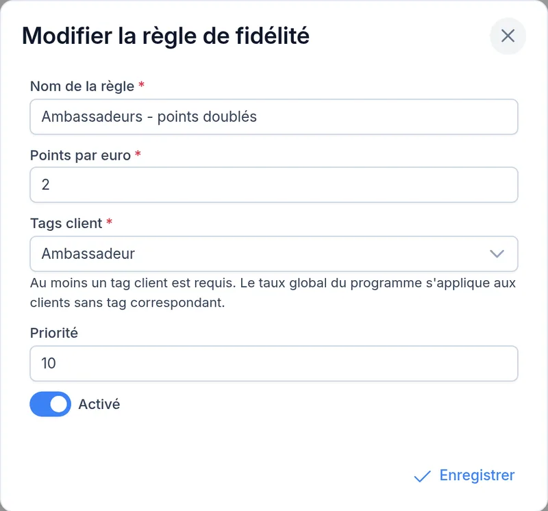 Règle de fidélité pour les clients ambassadeurs