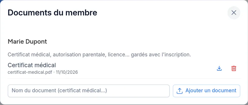 Documents d'un membre : un certificat médical