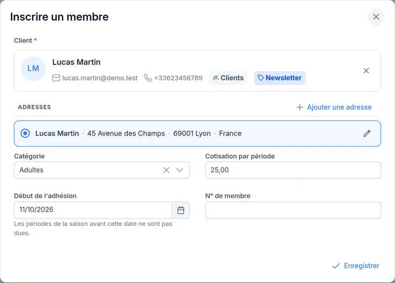 Inscription d'un membre : catégorie, cotisation, début de l'adhésion et numéro de membre