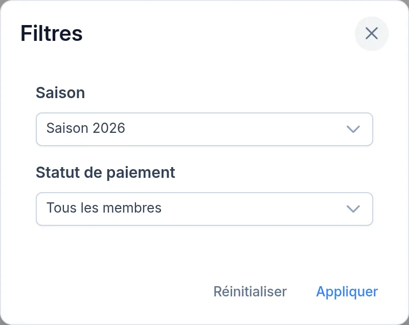 Filtres des adhésions
