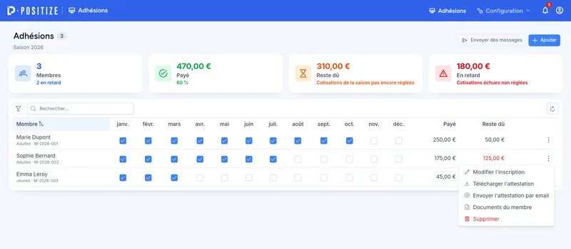 Menu d'un membre