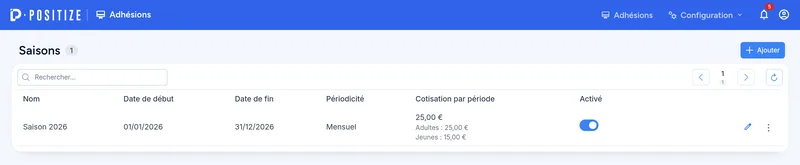 Saisons d'adhésion et leurs cotisations