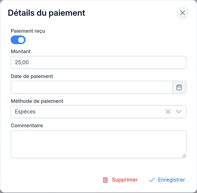 Enregistrement d'un paiement de cotisation
