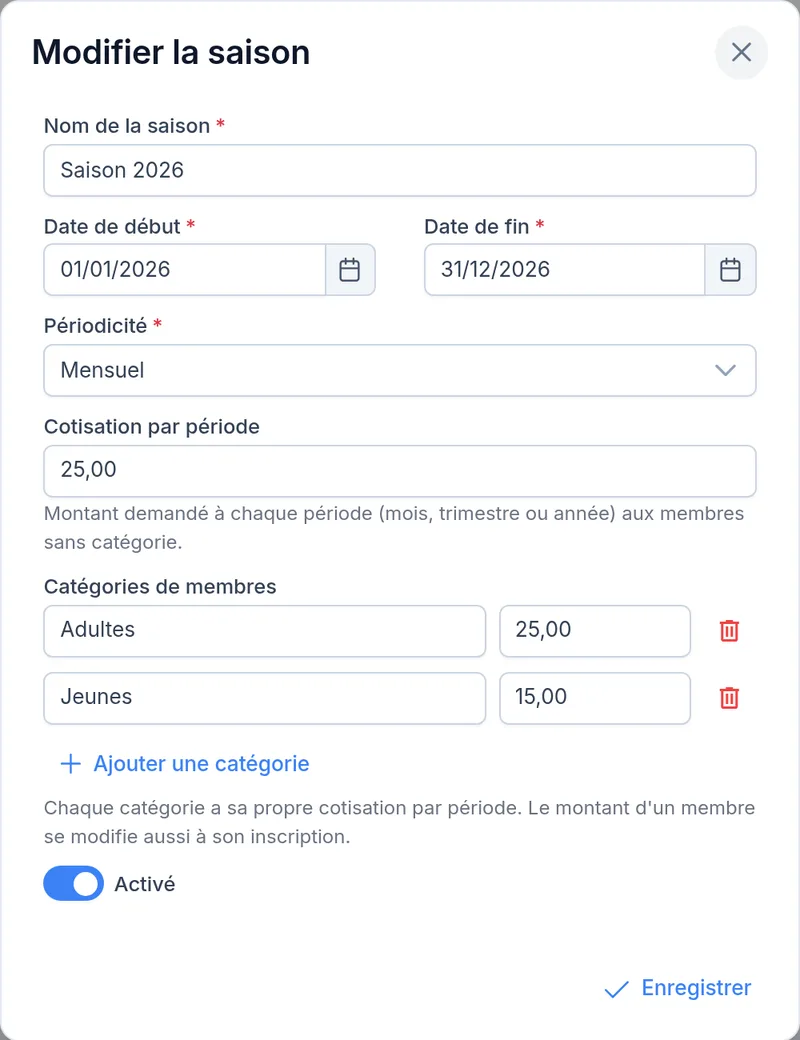 Saison mensuelle avec ses catégories Adultes et Jeunes