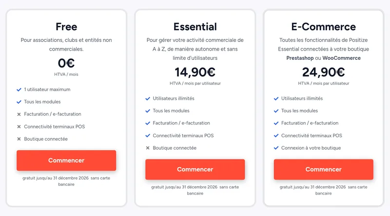 Les formules sur la page des tarifs de positize.app