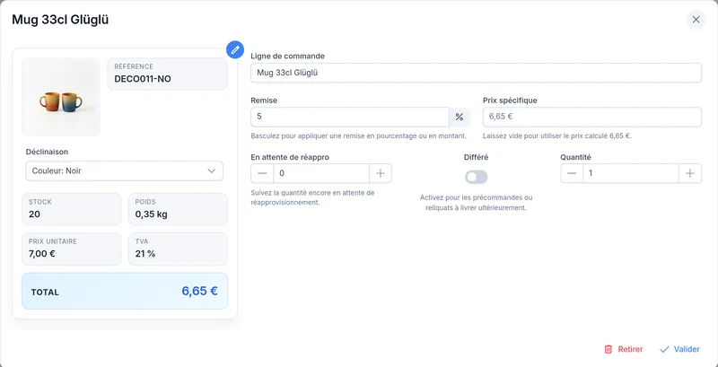 Détail d'une ligne du panier : déclinaison, remise, prix spécifique et quantité