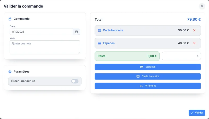 Validation de la commande : paiement en partie par carte, le reste en espèces