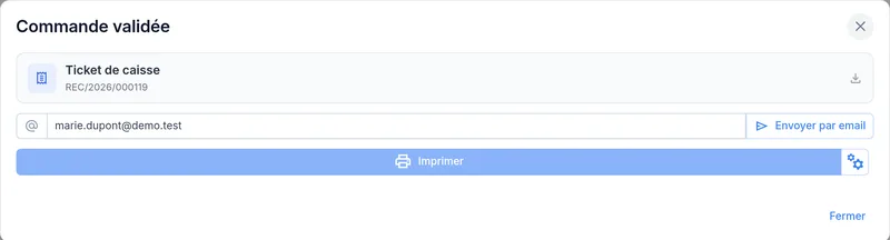 Commande validée : ticket de caisse à télécharger, envoyer par email ou imprimer