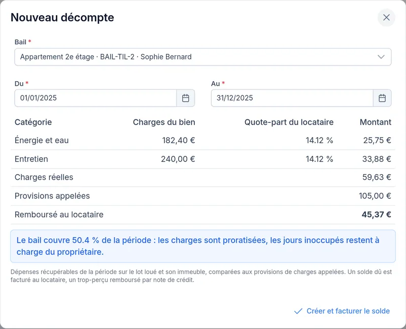 Nouveau décompte de charges avec son aperçu