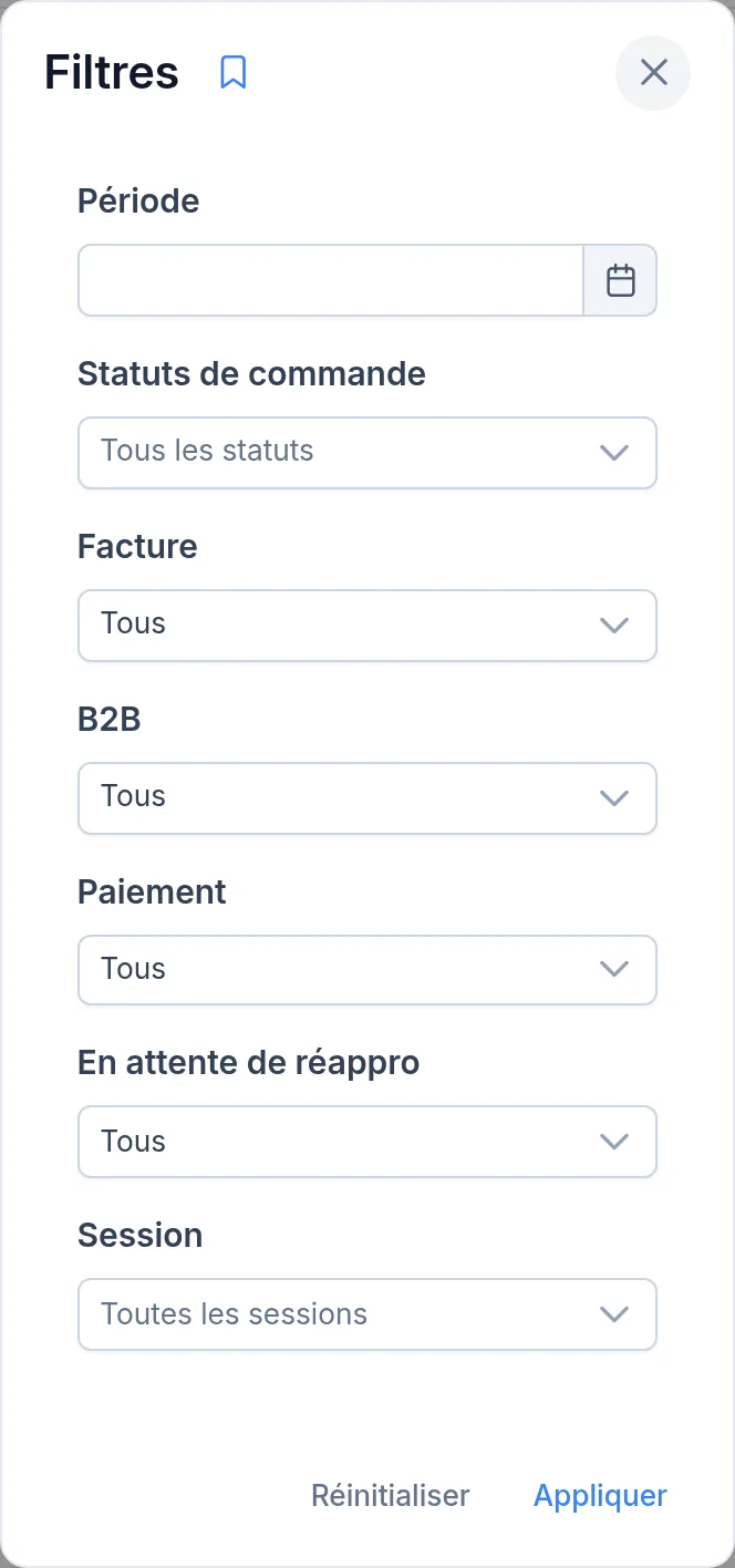Filtres de la liste des ventes