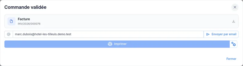 Commande validée : la facture est prête à télécharger, envoyer par email ou imprimer