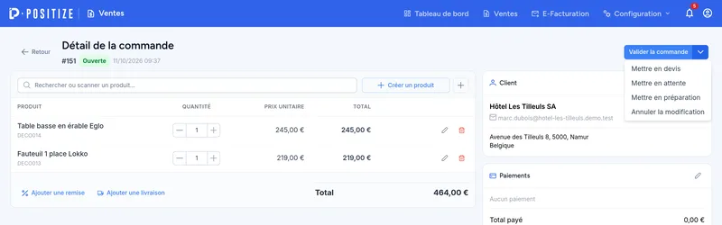 Détail d'une vente avec ses lignes, son client et le menu des issues possibles