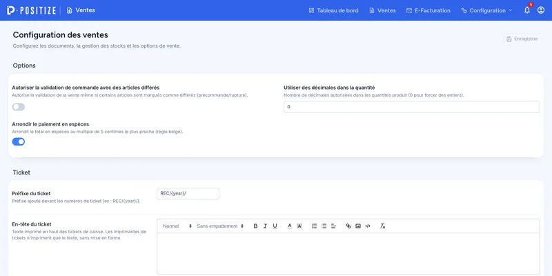 Configuration des ventes : options et numérotation