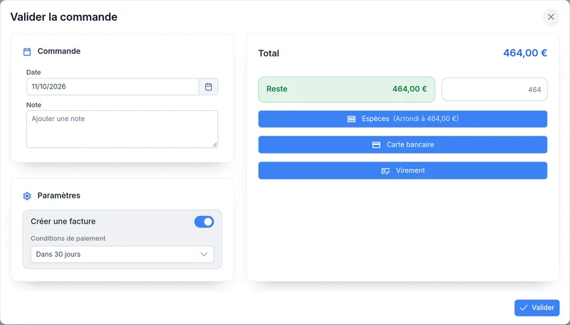 Validation d'une commande avec création de la facture à 30 jours